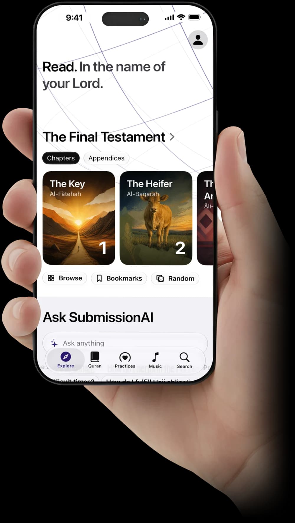 The app's home on an iPhone held in a hand